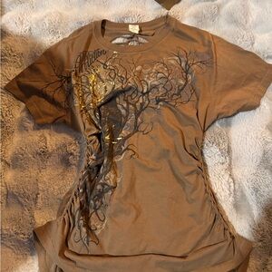 Affliction Brown Short Sleeve Tee with Black Tree Graphic and Gold Accents